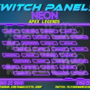 May include: Neon purple Twitch panels for Apex Legends with text labels for various social media and streaming platforms. The panels are 320 x 100 pixels and 72 x 72 pixels.