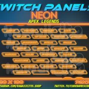 May include: Neon orange Twitch panels for Apex Legends with text labels for various stream features, including About, YouTube, Tip Jar, Wishlist, Tip Kings, TikTok, Subscribe, Steam, Set-Up, Shop, Patreon, Rules, Schedule, Partners, Music, Designer, Discord, Donate, Artists, Menu, Twitter, Goals, Spotify, Merch, F.A.Q.s, Instagram, Emotes, Commands, Games, Facebook, and Contact. The panels are 320 x 100 pixels and 72 x 72 pixels. The text "INSTAGRAM.COM/KAWAIICITO.SHOP" and "TWITCH.TV/CODENAMESCORPIO" are at the bottom of the image.