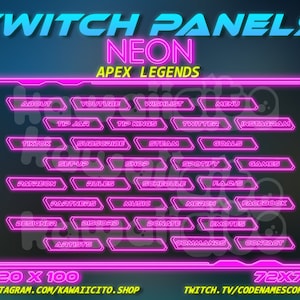 May include: Neon pink Twitch panels for Apex Legends with text labels for various social media and streaming platforms. The panels are 320 x 100 pixels and 72 x 72 pixels.