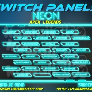 May include: Neon blue Twitch panels for Apex Legends with text labels for various stream features, including About, YouTube, Tip Jar, Wishlist, Menu, Tip Kings, Twitter, Instagram, TikTok, Subscribe, Steam, Goals, Set-up, Shop, Spotify, Games, Patreon, Rules, Schedule, FAQ's, Partners, Music, Merch, Facebook, Designer, Discord, Donate, Emotes, Commands, Contact. The panels are 320 x 100 pixels and 72 x 72 pixels. The text "INSTAGRAM.COM/KAWAIICITO.SHOP" and "TWITCH.TV/CODENAMESCORPIO" are at the bottom of the image.