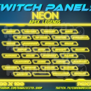 May include: Neon yellow Twitch panels for Apex Legends with text labels for various stream features, including About, YouTube, Wishlist, Menu, Tip Jar, Tip Kings, Twitter, Instagram, TikTok, Subscribe, Steam, Goals, Set-up, Shop, Spotify, Games, Patreon, Rules, Schedule, FAQs, Partners, Discord, Donate, Merch, Facebook, Emotes, Commands, Contact. The panels are 320 x 100 pixels and 72 x 72 pixels.