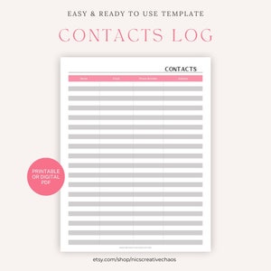 Contacts Tracker Planner Printable, Phone Number Tracker, Address Book Template, Email List Printable, Planner Contacts Log Printable PDF