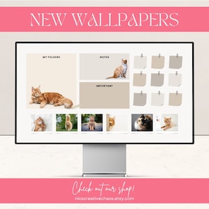 Desktop Organizer Cats Wallpaper | Space for Apps Icons Folders Notes To Do Goals Quote | Neutral Aesthetic