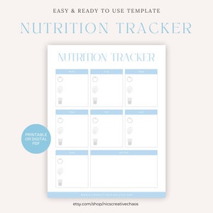 Nutrition Tracker Printable Template, Food & Water intake Log, Health and Wellness, Digital, Fitness Planner