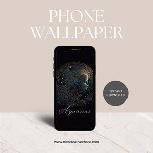 May include: A phone wallpaper featuring a black background with a gold and blue illustration of the zodiac sign Aquarius. The illustration depicts a woman's face with flowing hair and stars. The text "Aquarius" is written in gold script at the bottom of the image.