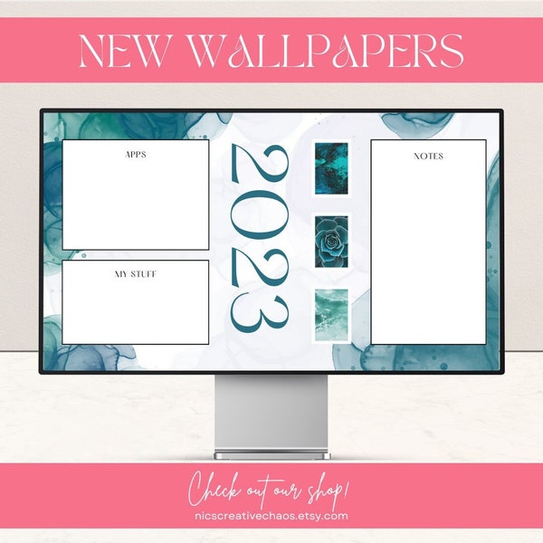 Teal Desktop Organizer Wallpaper | Watercolor Aesthetic | Organize Apps Icons & Notes for Focus and Productivity on Computer PC or Tablet