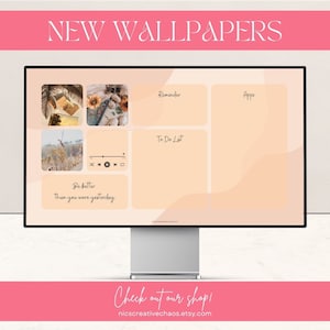 Op de afbeelding: Een digitale bureaubladachtergrond met een perzikkleurige achtergrond en een raster van vier vierkanten. De vierkanten bevatten afbeeldingen van de natuur en een muziekspeler. De bovenste rij vierkanten heeft de tekst "Herinnering" en "Apps". De middelste rij heeft de tekst "To-Do-lijst". De onderste rij heeft de tekst "Wees beter dan je gisteren was".