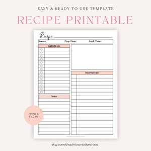 Printable Recipe Template, Blank Cooking Journal, Meal Planner, Home Binder Recipe Printable, Recipe Card, Cookbook Pages