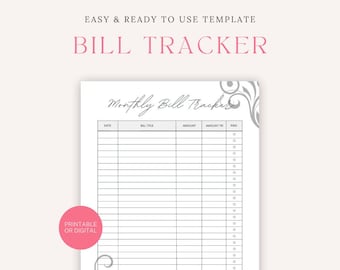 Monthly Bill Tracker, Printable Budget Sheet, Monthly Budget Planner Printable Template, Bill Payment Log, Simple Budget Organizer PDF