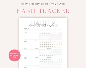 Printable Daily Habit Tracker Template, Monthly Habit Tracker, Daily Routine, 30 Day Habit Challenge with Reward, Habits Tracking Sheet