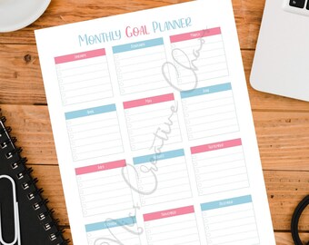 Plantilla imprimible de planificador de objetivos mensuales para organización, cuaderno planificador DIY Bullet Journal, inserto para carpeta de cumpleaños, rosa y azul