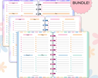 May include: A printable bundle of three brain dump priority matrix pages. Each page features a pastel color scheme with a different pattern. The pages are designed for use in a disc bound planner.