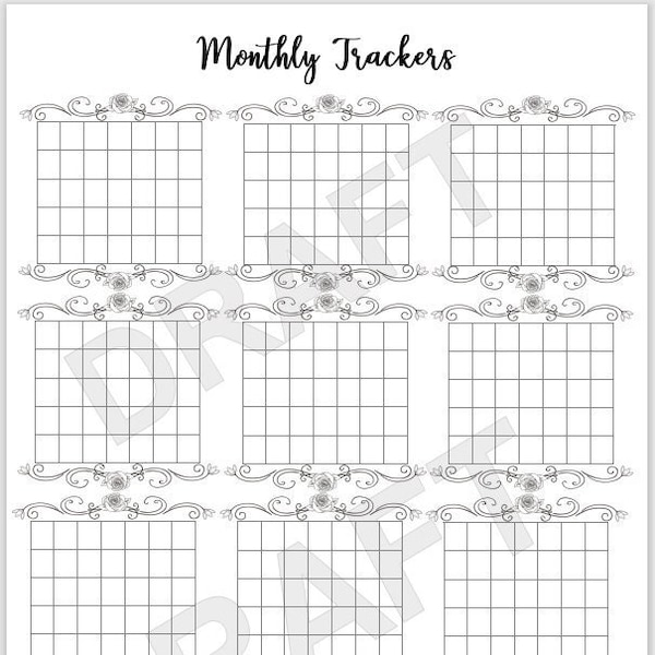 Monthly Trackers Printable Planner Stickers Habits Symptoms No Spend Checklists Elegant Black and White Bullet Journal Pages