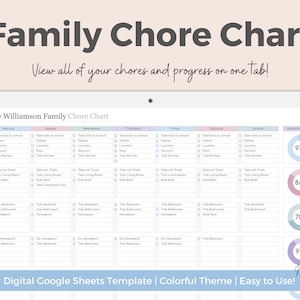 May include: A digital Google Sheets template for a family chore chart. The chart is colorfully designed with a light blue background and pink, blue, and green accents. It includes a list of chores for each day of the week, with checkboxes to mark them off as completed. The chart also includes individual progress bars for each family member.