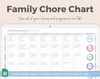 May include: A digital Google Sheets template for a family chore chart. The chart is colorfully designed with a light blue background and pink, blue, and green accents. It includes a list of chores for each day of the week, with checkboxes to mark them off as completed. The chart also includes individual progress bars for each family member.