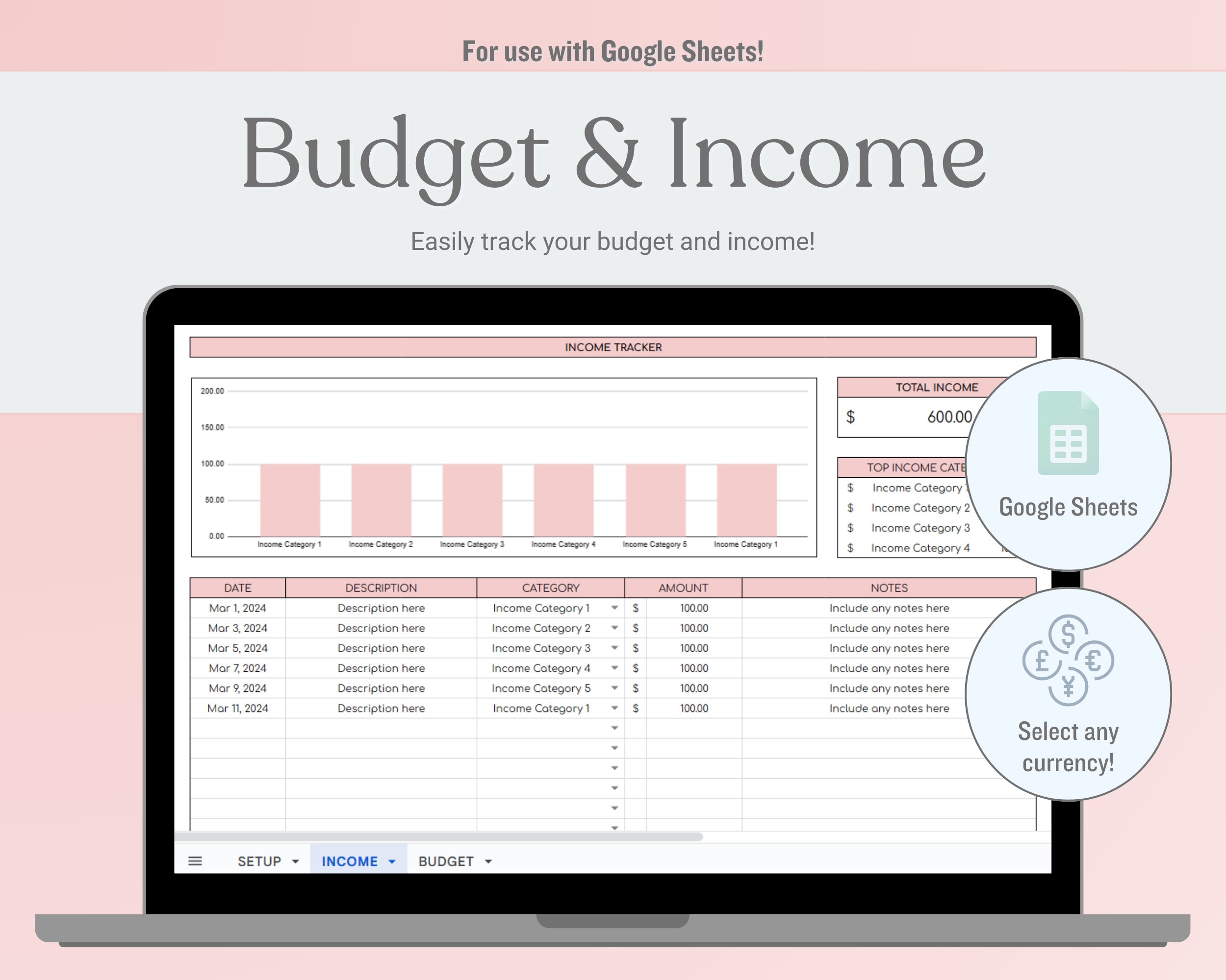 Income and Budget Tracker Excel Spreadsheet, Google Sheets Income ...