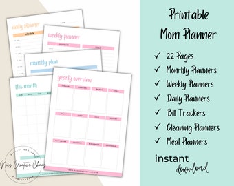 May include: A collection of printable planner pages with headings like "daily planner," "weekly planner," and "yearly overview." The text "Printable Mom Planner" is displayed, along with a list of included features such as "22 Pages," "Monthly Planners," and "Meal Planners."