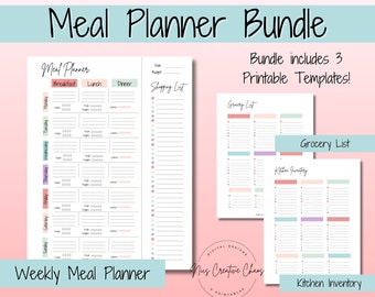 May include: A printable meal planner bundle with three templates: a weekly meal planner, a grocery list, and a kitchen inventory. The templates are designed with a pastel color scheme and feature a variety of sections for planning meals, creating shopping lists, and tracking kitchen supplies.