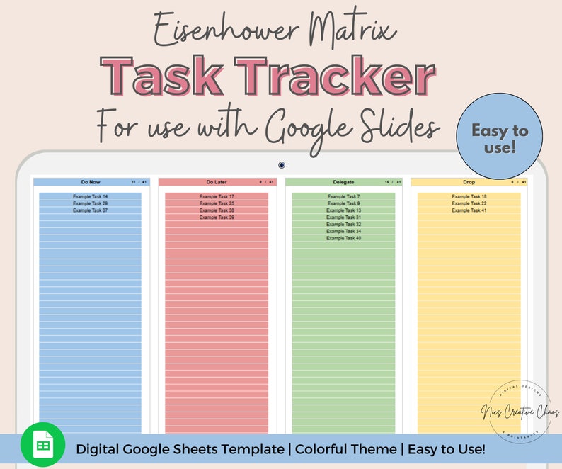 Task Tracker Google Sheets Spreadsheet by NicsCreativeChaos. To Do List Template with Eisenhower Matrix and Decision Priority Checklist. Easy to use Digital Work Task Organizer and Automated Task Scheduler. Colorful Spreadsheet Theme with charts, checkboxes, lists, drop-down menus, conditional formatting and automated calculations.