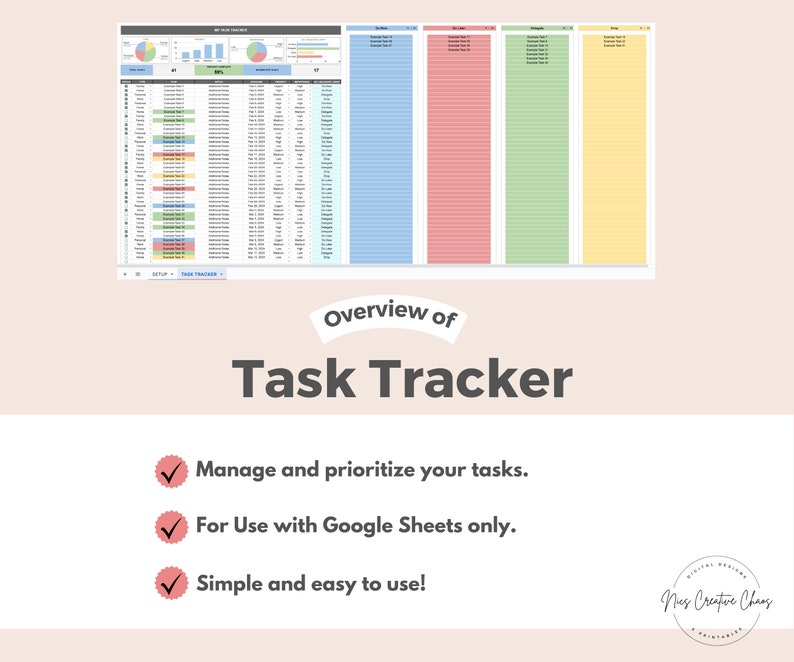 Task Tracker Google Sheets Spreadsheet by NicsCreativeChaos. To Do List Template with Eisenhower Matrix and Decision Priority Checklist. Easy to use Digital Work Task Organizer and Automated Task Scheduler. Colorful Spreadsheet Theme with charts, checkboxes, lists, drop-down menus, conditional formatting and automated calculations.
