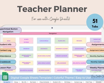 Planilhas do Google para planejador de professores, planilha de verificação de presença, boletim de notas, plano de aula, rastreador de tarefas, planejamento mensal, semanal e diário