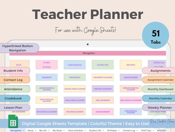 Teacher Planner Google Sheets, Attendance Checklist Spreadsheet, Gradebook, Lesson Plan, Assignment Tracker, Monthly Weekly & Daily Planning