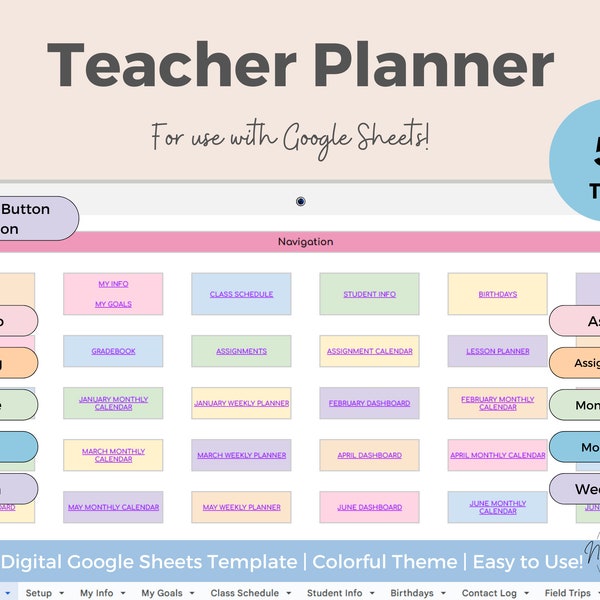 Teacher Planner Google Sheets, Attendance Checklist Spreadsheet, Gradebook, Lesson Plan, Assignment Tracker, Monthly Weekly & Daily Planning