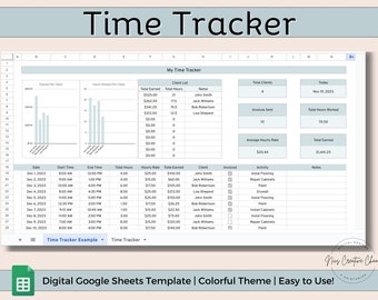 Hoja de cálculo de seguimiento de tiempo en Google Sheets, seguimiento de tiempo para autónomos, hoja de contabilidad para calculadora de pagos, plantilla de seguimiento de tiempo para empresas