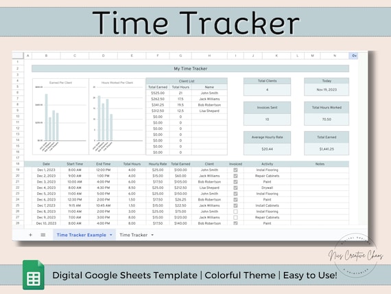 Time Tracker Spreadsheet Google Sheets, Freelancer Time Tracking, Pay Calculator Bookkeeping Sheet, Business Tracker Time Keeping Template