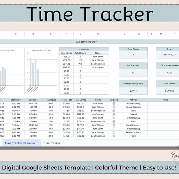 Feuille de calcul Time Tracker Google Sheets, Time Tracker d'indépendant, Feuille de calcul de comptabilité de Pay Tracker, Modèle de gestion du temps Business Tracker