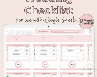 Hoja de cálculo de Google Sheets con lista de tareas para la boda, lista de cosas por hacer para la boda, planificador de bodas, itinerario de boda, lista de verificación para el compromiso y la boda.