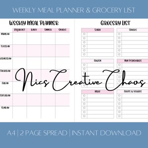 May include: A printable weekly meal planner and grocery list template. The planner has sections for breakfast, lunch, dinner, and snacks for each day of the week. The grocery list has sections for dairy, snacks, frozen, non-perishable, meat, and fruits & vegetables.
