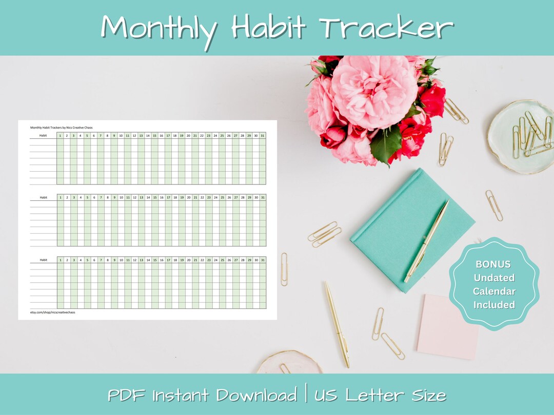 Monthly Habit Tracker Planner Printable Template for Organization and Goals DIY Planner Notebook ...