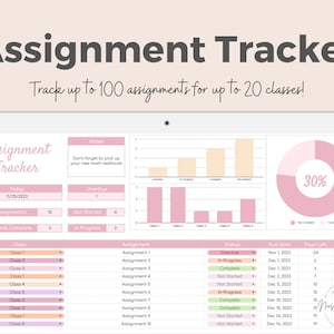 May include: A digital assignment tracker displayed on a tablet. The interface features a pink and white color scheme, with sections for tracking assignments, due dates, and grades. Text on the screen reads "Assignment Tracker."