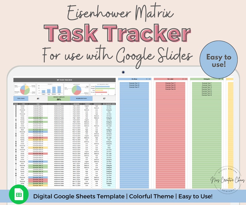 Task Tracker Google Sheets Spreadsheet by NicsCreativeChaos. To Do List Template with Eisenhower Matrix and Decision Priority Checklist. Easy to use Digital Work Task Organizer and Automated Task Scheduler. Colorful Spreadsheet Theme with charts, checkboxes, lists, drop-down menus, conditional formatting and automated calculations.