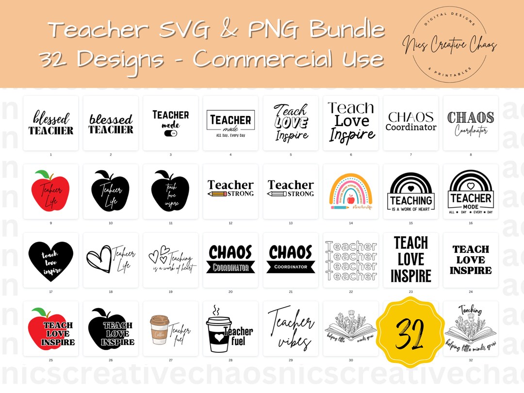 Teacher SVG Bundle 32 Cut Files, Teacher Appreciation Gifts, Teacher T ...