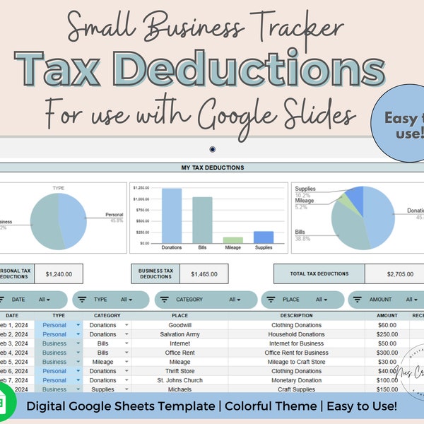 Tax Deduction Tracker Spreadsheet Google Sheets, Small Business Tax Deductions, Tax Prep Spreadsheet Small Business Management, Business Tax