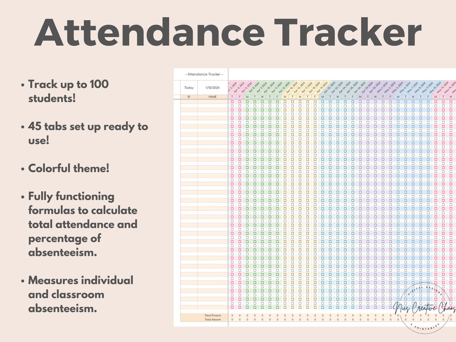 Teacher Planner Google Sheets, Attendance Checklist Spreadsheet