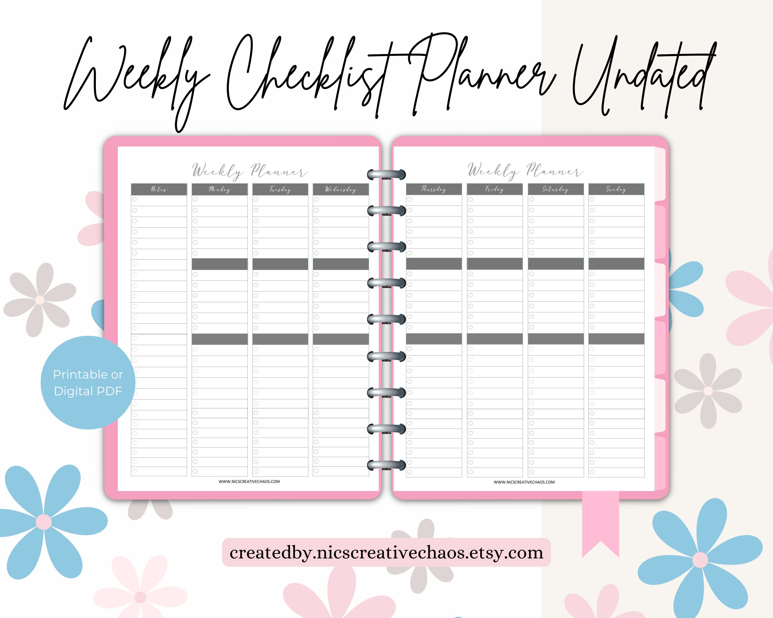 Vertically Checklist Example Undated Weekly Planner Printable Template, Vertical Checklist & Lined ...
