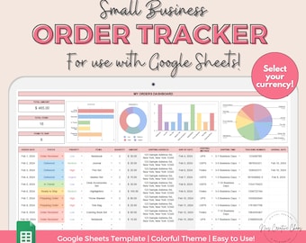 May include: A colorful Google Sheets template for tracking orders. The spreadsheet includes a dashboard with charts and graphs, as well as a table for entering order details. The template is designed to be easy to use and helps small businesses manage their orders efficiently.