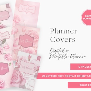 May include: Set of 10 printable planner covers featuring a pink and white floral design with the text "Nios Planner". The covers are designed for US Letter size paper and are print ready.
