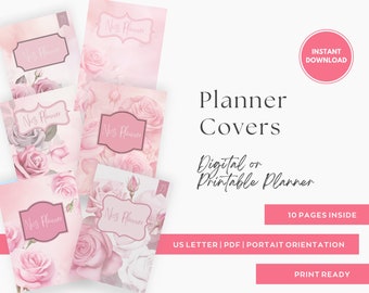 EDITABLE Planner Cover Bundle, Printable Planner Covers, Digital Notebook Templates, Printable Dividers, Scrapbook Pages, Pink Rose Planners