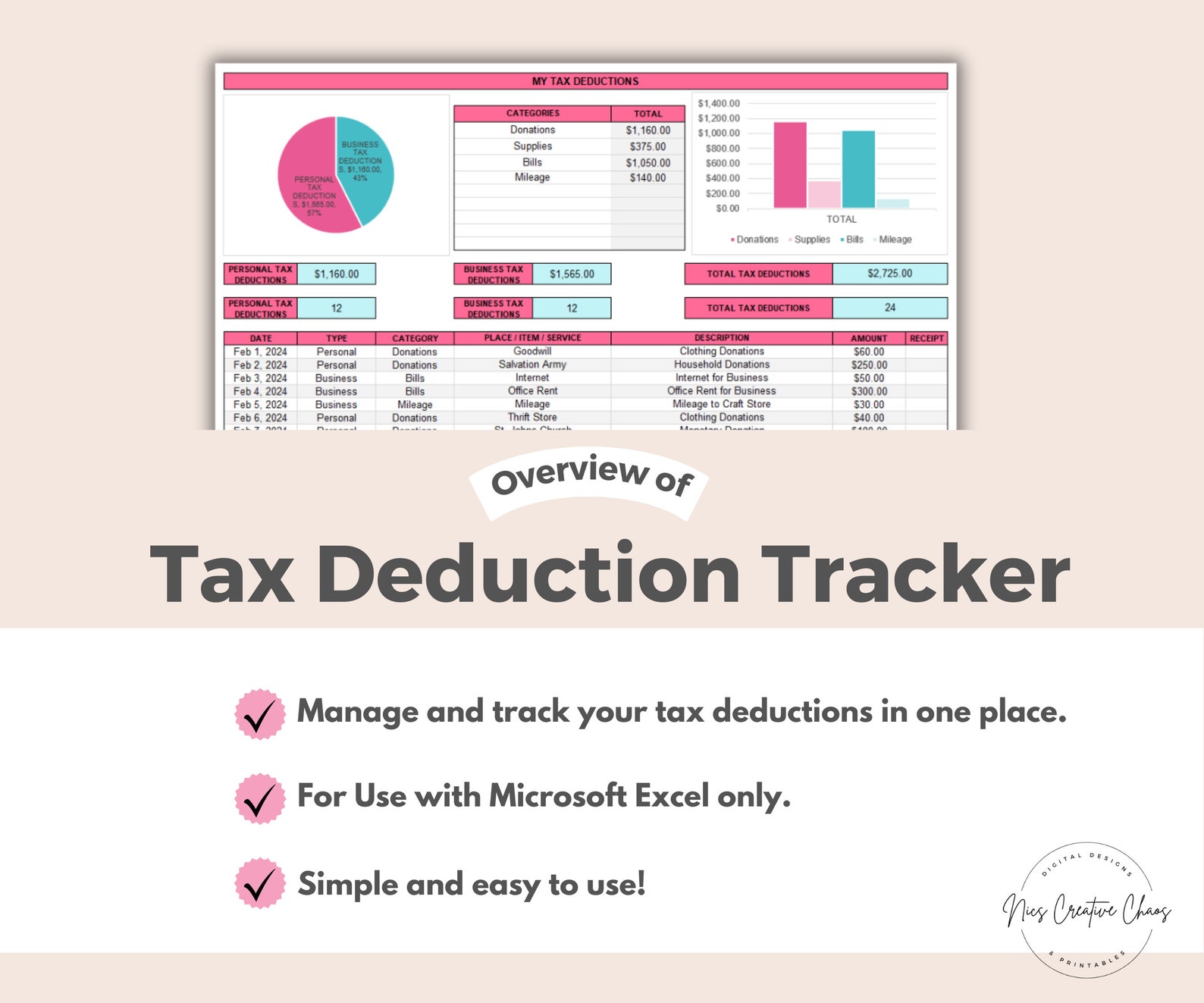 Tax Deduction Tracker Excel Spreadsheet Small Business Tax Deductions