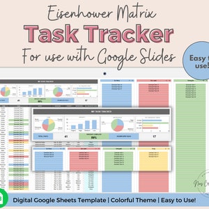 Task Tracker Google Sheets Spreadsheet by NicsCreativeChaos. To Do List Template with Eisenhower Matrix, Decision Priority Checklist, Digital Work Task Organizer, Automated Task Scheduler. Colorful Spreadsheet Theme with charts, checkboxes, lists, and automated calculations.