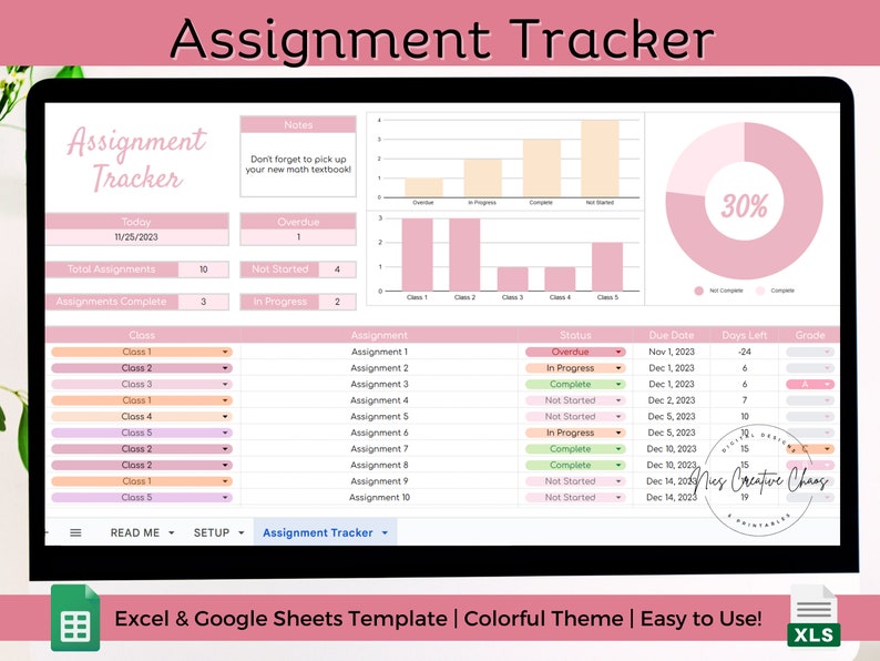 Google Sheets Assignment Tracker Spreadsheet Template, College ...