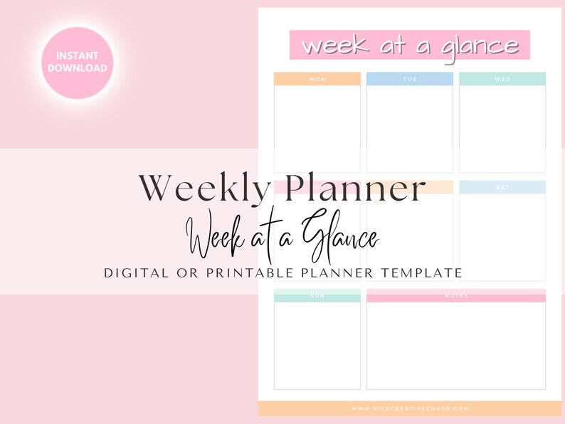 Printable Weekly Planner Template, Week at a Glance, Weekly Schedule