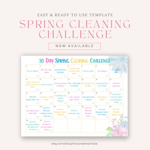 May include: A printable 30-day spring cleaning challenge checklist with colorful boxes and floral accents. The checklist includes tasks such as decluttering, cleaning windows, and organizing.