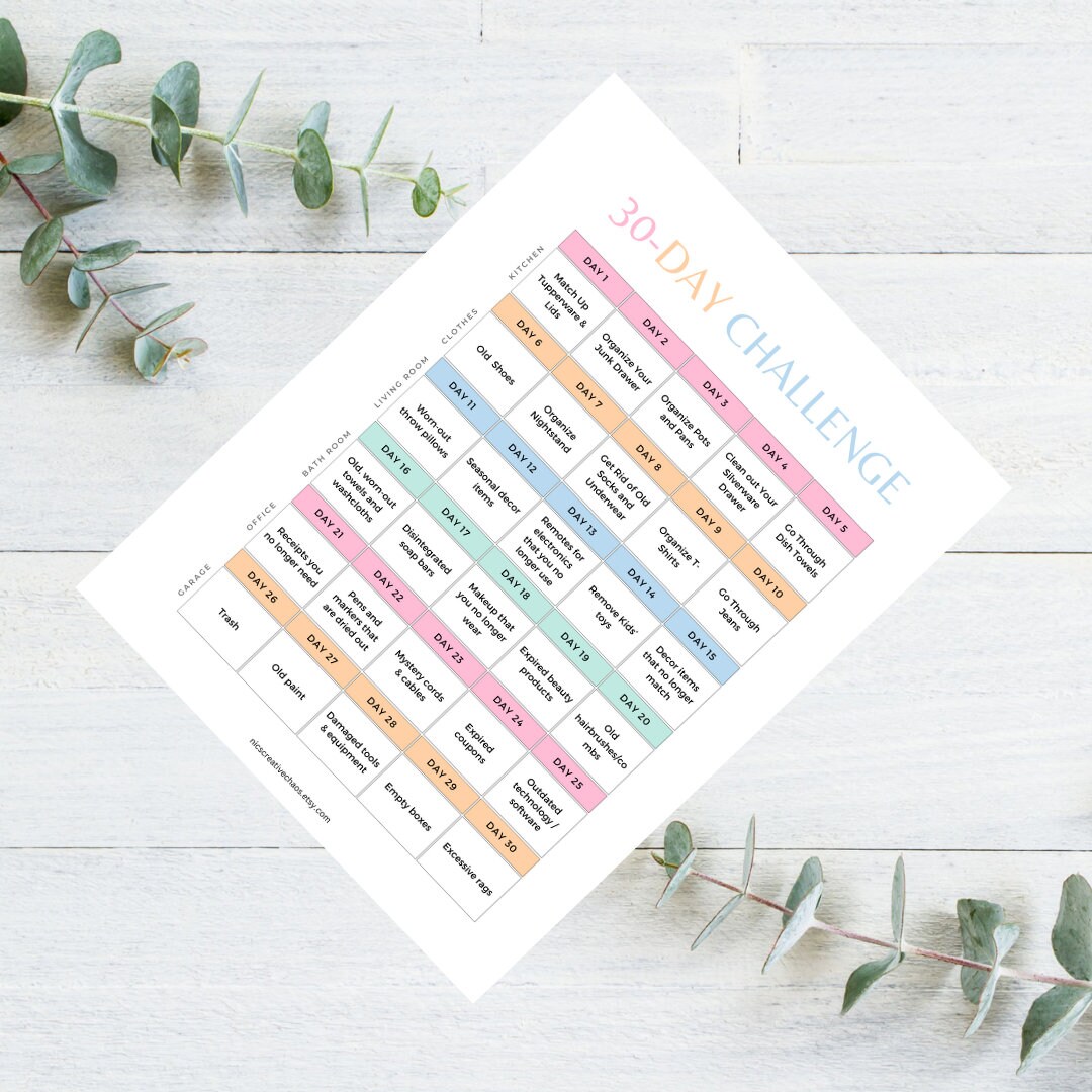 Declutter 30 day challenge printable template cleaning checklist