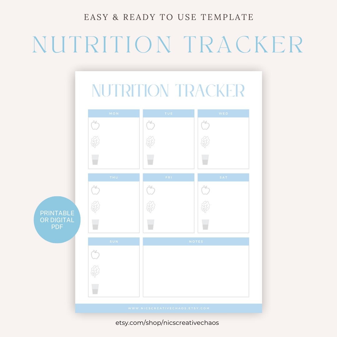 Nutrition Tracker Printable Template, Food & Water Intake Log, Health