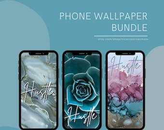 Floral Phone Wallpaper Bundle, Watercolor Hustle Quote Phone Backgrounds, Spring Phone Wallpapers Teal, Mobile Screen Themes Green Rose